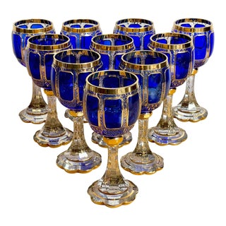 Early 20th Century Moser Gilt Enameled Cobalt Paneled Goblets, C 1930s - Set of 10 For Sale