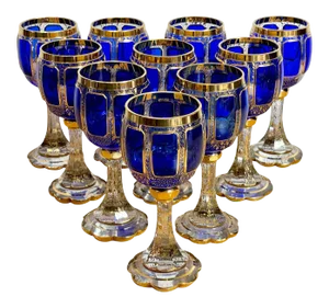 Early 20th Century Moser Gilt Enameled Cobalt Paneled Goblets, C 1930s - Set of 10