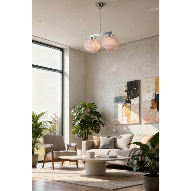 Art Deco Chandelier in Chrome-Plated Steel and Opaline Glass, Czech, 1930s For Sale - Image 9 of 10