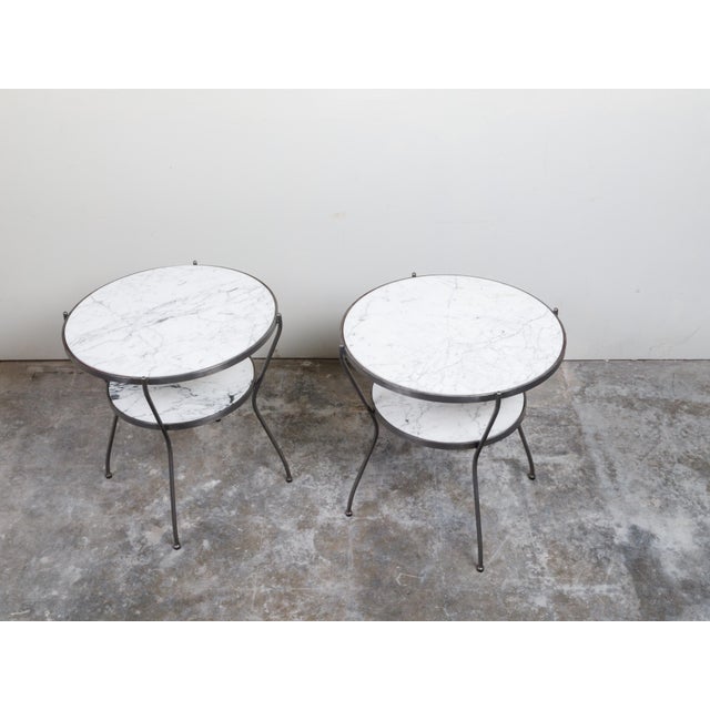 Pair of Italian Midcentury Steel Side Tables with Marble Tops and Shelves For Sale In Atlanta - Image 6 of 11