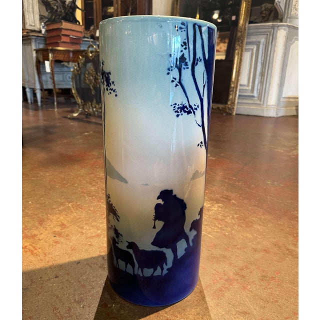 Ceramic Mid 20th Century Mid-Century French Blue & White Painted Porcelain Umbrella Stand For Sale - Image 7 of 9