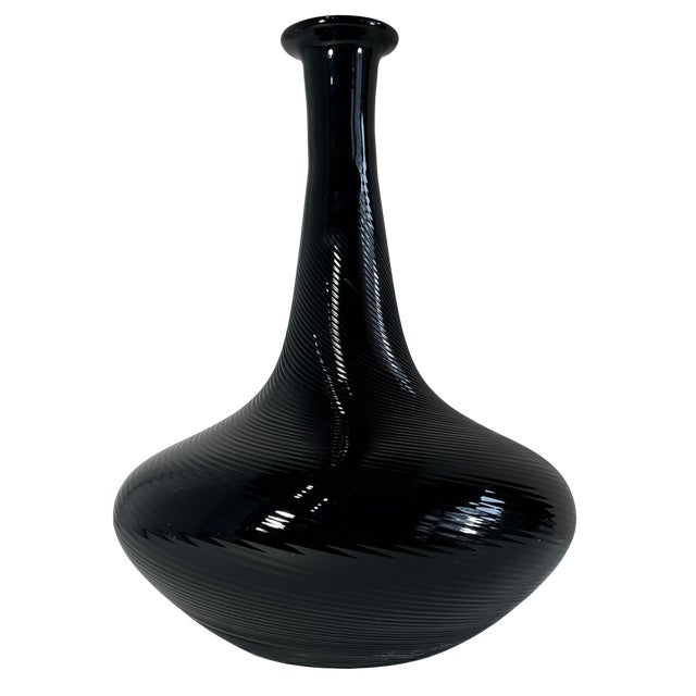 11 In. Tall Murano Art Glass Black Spiral Textural Swirl Vase For Sale - Image 12 of 13
