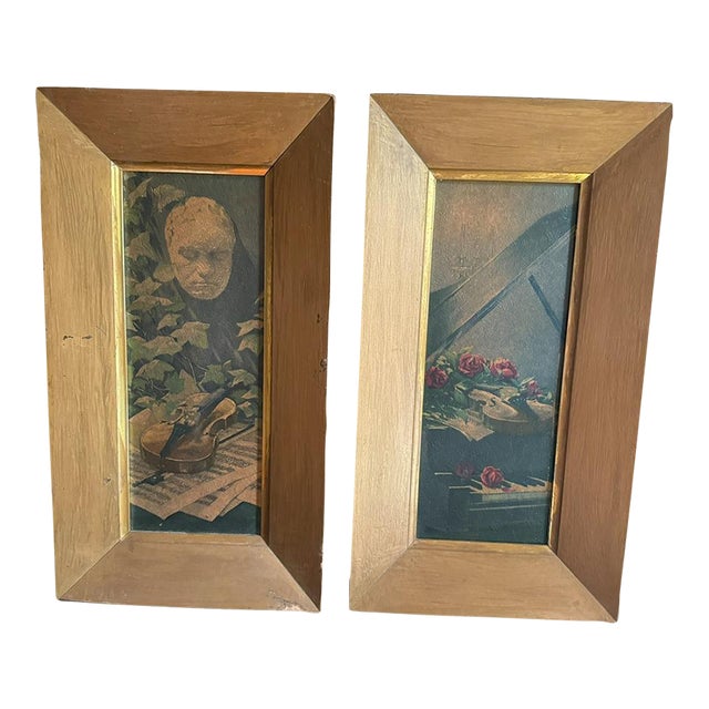 Vintage 1970s French Provincial Style Violin Still Life Paintings in Giltwood Frames - a Pair For Sale