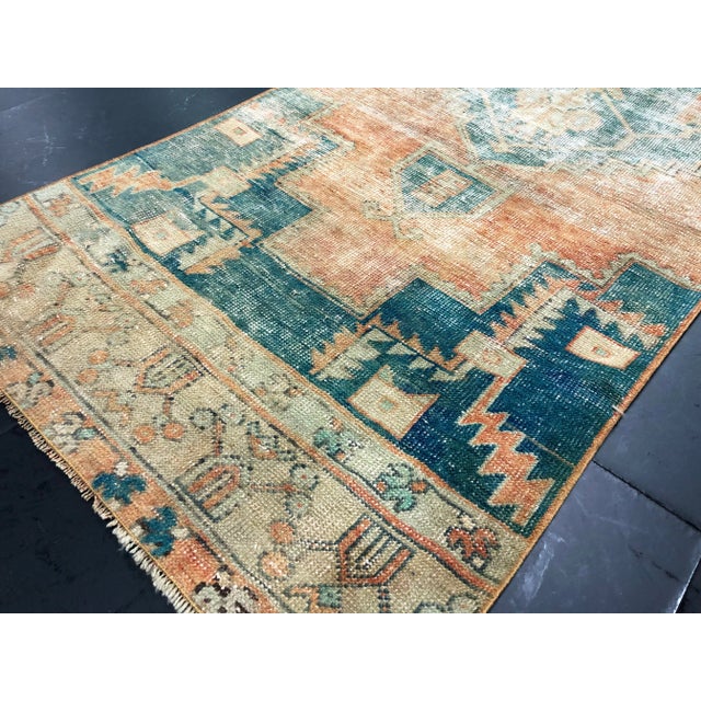 Turkish Oushak Peach and Teal Pastel Handmade Runner Rug - 2′9″ × 11′7″ For Sale - Image 9 of 11