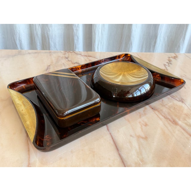 Mid-Century Modern Mid-Century Tortoiseshell Acrylic Glass and Brass Centrepieces from Guzzini, Italy, 1970s, Set of 3 For Sale - Image 3 of 16