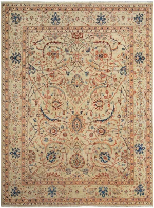 1990s Shabby Chic Kafkaz Tan/Blue Hand-Knotted Rug - 8'0 X 9'10
