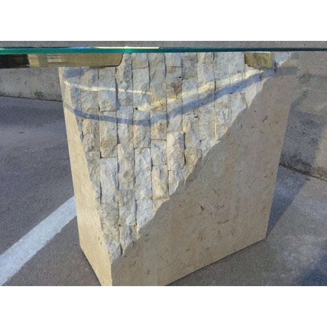 Postmodern Brass & Glass Pedestal Console Sofa Table in Tessellate Stone For Sale - Image 10 of 12