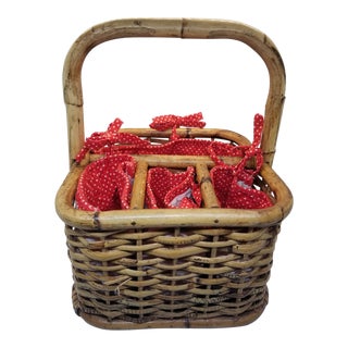 Boho Vintage Silverware Caddy Bamboo Wicker Rattan Picnic Basket Carrier Gigham For Sale