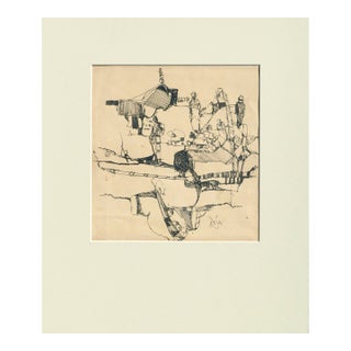 1970s Abstract Figures and Landscape Drawing by David Rosen For Sale