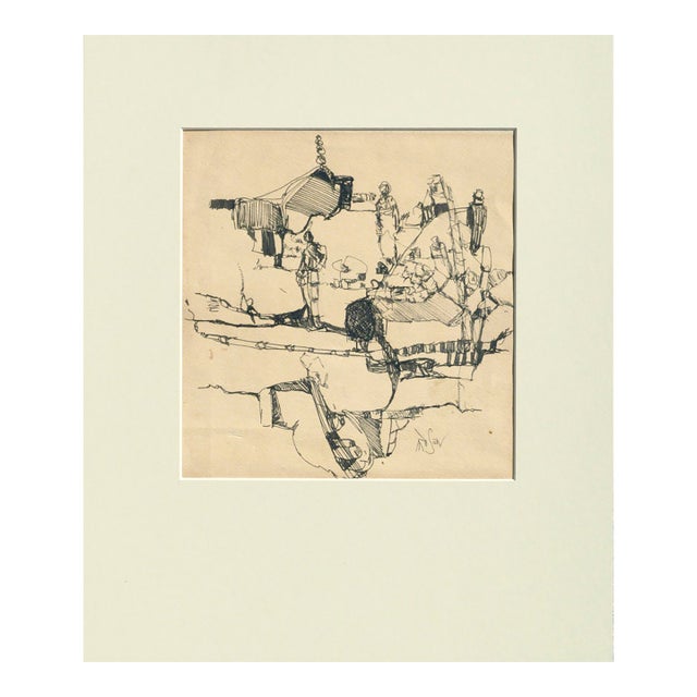 1970s Abstract Figures and Landscape Drawing by David Rosen For Sale
