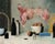 The artwork presents a surreal arrangement of objects, with a floating, abstracted form of a pig juxtaposed against a...