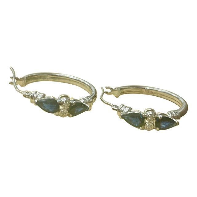 Pear Shape Sapphire and Diamond Hoop Cocktail Earrings in 14 Karat White Gold For Sale