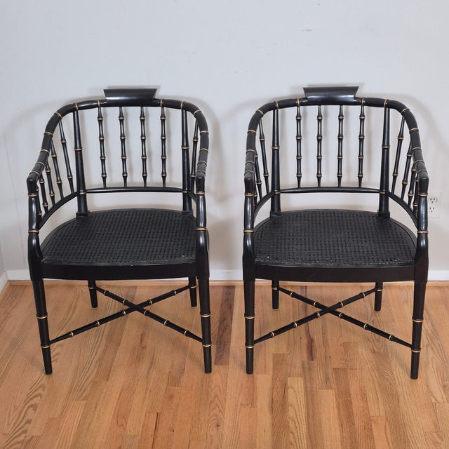 Late 20th Century Baker Furniture Attrib. Black & Gold Regency Faux Bamboo Cane Seat Arm Chairs, a Pair For Sale - Image 11 of 11