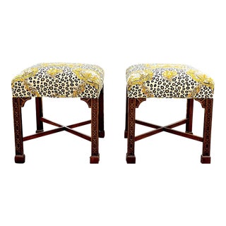 1970s Chinese Chippendale Style Brunschwig & Fils Leopard / Chinoiserie Ottomans - Pair For Sale