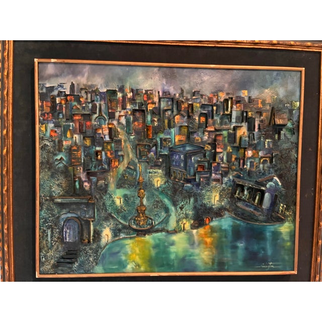 A striking and highly unusual vintage dimensional cityscape signed “Remington” at the lower right. This substantial...
