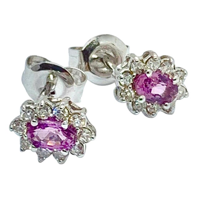 Diamond Sapphire Earrings 18k Gold Stud 0.90 TCW Certified For Sale