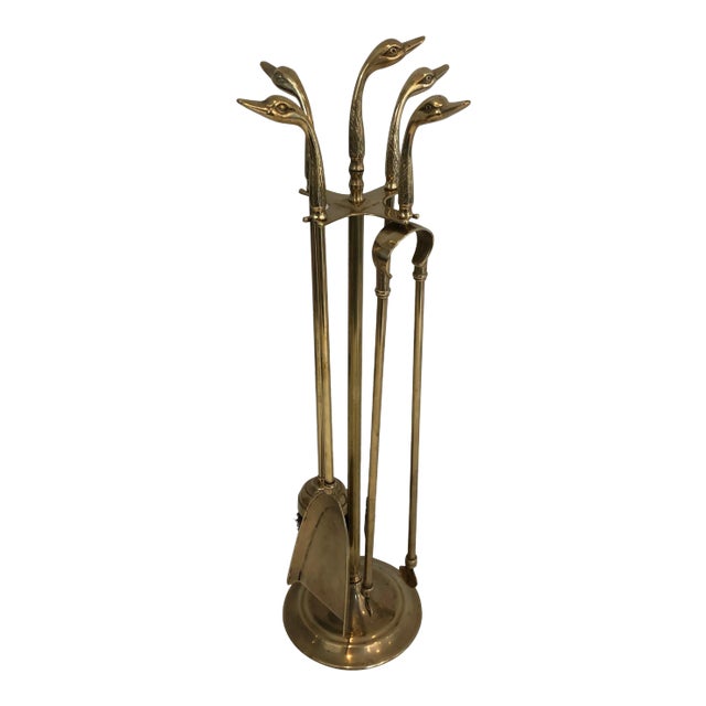 Neoclassical Fireplace Tools in Brass with Duck Heads, French, circa 1960 - Set of 5 For Sale