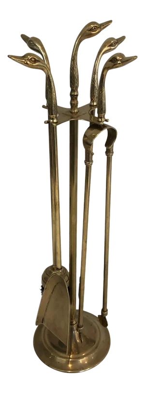 Neoclassical Fireplace Tools in Brass with Duck Heads, French, circa 1960 - Set of 5