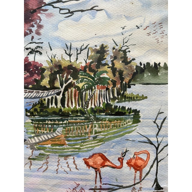 1950s Antique Framed Watercolor Coastal Landscape With Pink Flamingos For Sale - Image 5 of 8
