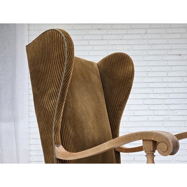 Scandinavian Wingback in Corduroy and Carved Oak, 1970s For Sale - Image 11 of 18