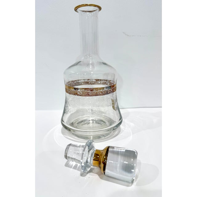 Italy Decanter Glass 1960s W/ Stopper & Sticker Gold Trim Etched Floral Pattern For Sale - Image 4 of 10