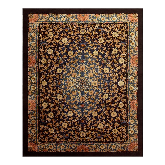 1920s Traditional Navy Floral Knotted Wool Antique Chinese Room Size Carpet Rug For Sale
