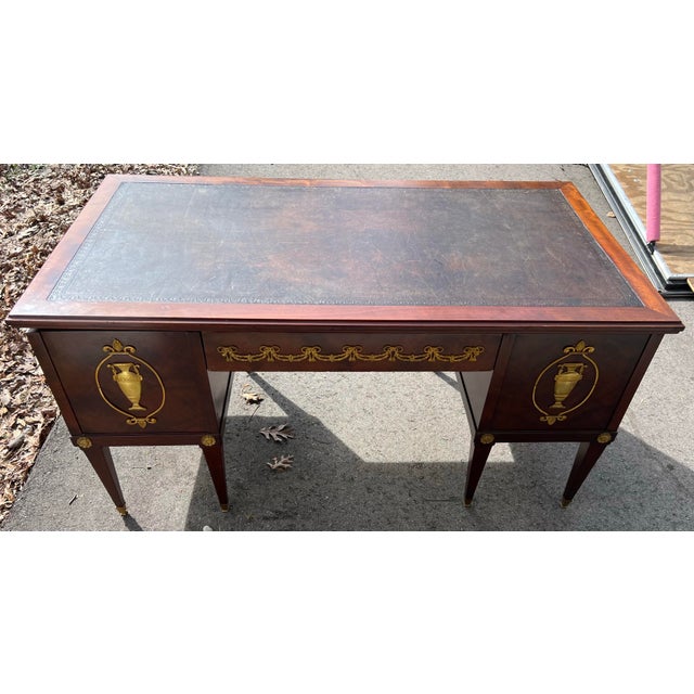 French Neoclassical Mahogany Leather Top Desk With Ormolu Urn Mounts & Pull-Out Slides For Sale - Image 9 of 12