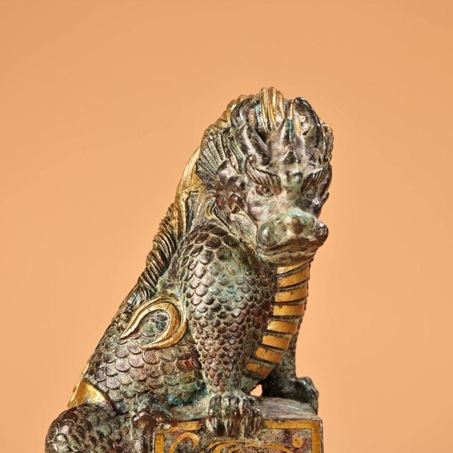 Metal Late 19th Century Gold-Inlaid Bronze Mythical Beast Statue, 1.4kg For Sale - Image 7 of 9