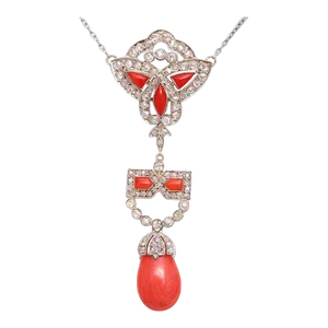 Art Deco Coral and Diamond Drop Pendant Necklace on Diamond Chain