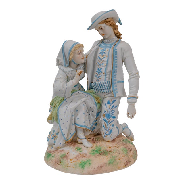 1930s Large Romantic French Bisque Porcelain Figurine For Sale