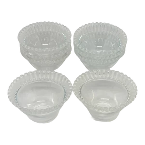 Mid 20th Century “Lalique-Style”Glass Dessert Fruit Bowls With Frosted Reticulated Rims - Set of 8