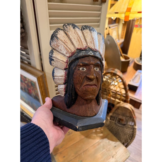 Wood 1920s Folk Art Carved Native Chief Doorstop Polychrome Painted Wooden Sculpture For Sale - Image 7 of 7