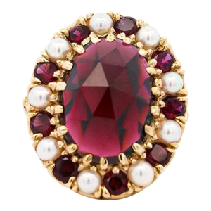 Vintage 10 Carat Oval Cut Garnet and Pearl Halo 14k Yellow Gold Cocktail Ring Size 6.25