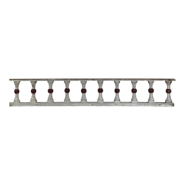 Architectural Salvaged Wooden Balustrade Railing With Original White & Red Knots Paint For Sale