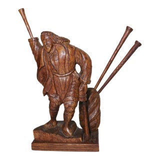1940s Obscure Folk Art Hand Carved Wood Figural Man Trumpet Sculpture Statue For Sale
