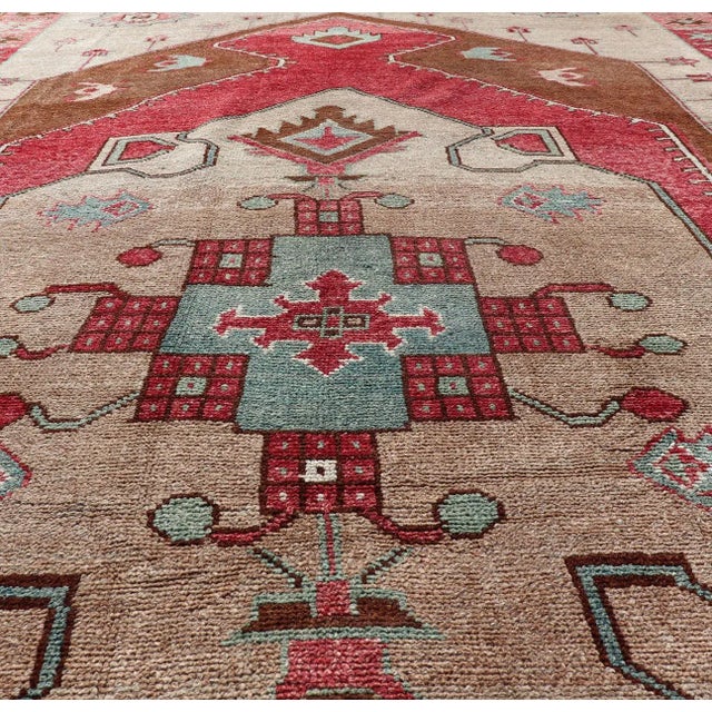 Large Vintage Turkish Oushak Rug With Warm Red, Taupe, and Soft Aqua Accents 7'9 X 15'5 For Sale - Image 9 of 16