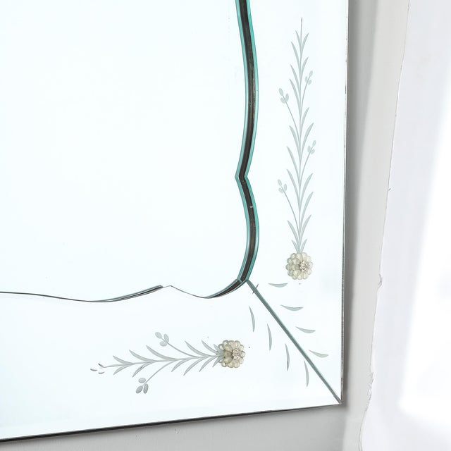 Silver Mid-Century Reverse Etched Mirror W/ Scalloped Inner Border & Florets For Sale - Image 8 of 10