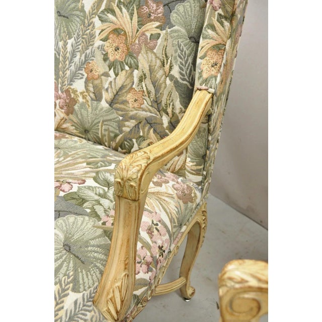 Wood Mid 20th Century French Country Provincial Louis XV Style Upholstered Wingback Lounge Chairs Pair For Sale - Image 7 of 11