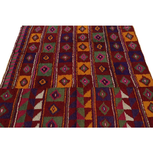Traditional 1950s Vintage Tulu Tribal Rug in Red With Polychromatic Diamond Patterns For Sale - Image 3 of 7