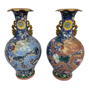 Antique Chinese Cloisonne Haitangzun Vases, Pair