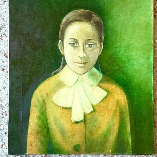 Green Vintage 1960s Italian Green-Toned Portrait Oil Painting For Sale - Image 8 of 14