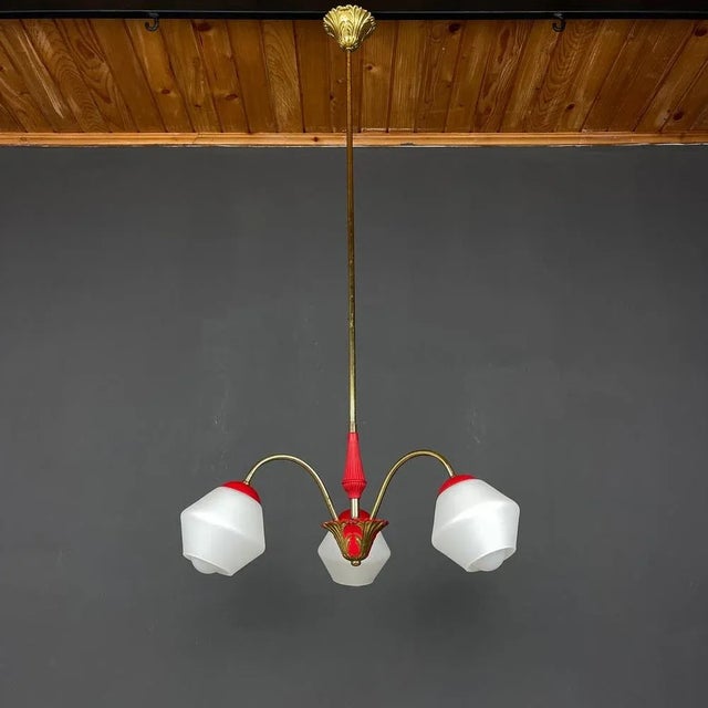 Vintage Italian Brass and Milky Glass 3-Arm Chandelier, 1950s For Sale - Image 13 of 13