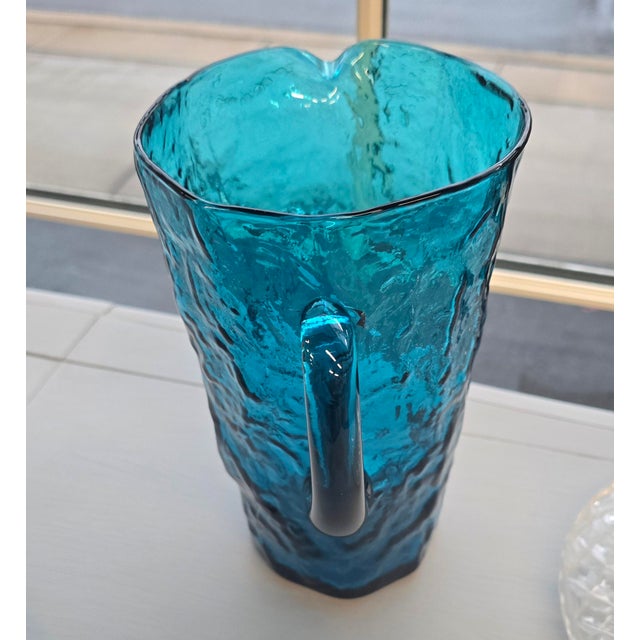 1970s Vintage Peacock Blue Crackle Glass Pitcher For Sale - Image 5 of 6