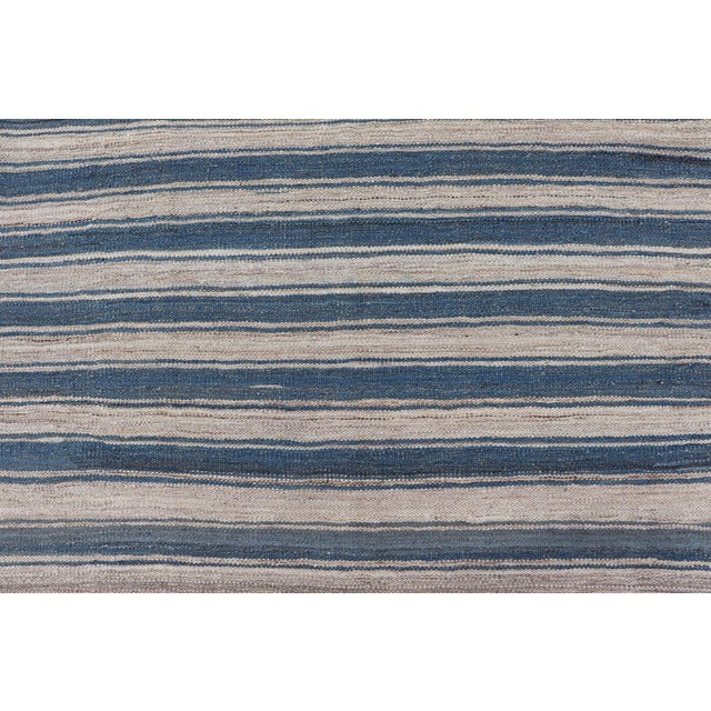 Flat-Weave Kilim Blue Rug by Keivan Woven Arts, Striped Design 8'8 X 12'0 For Sale - Image 9 of 12