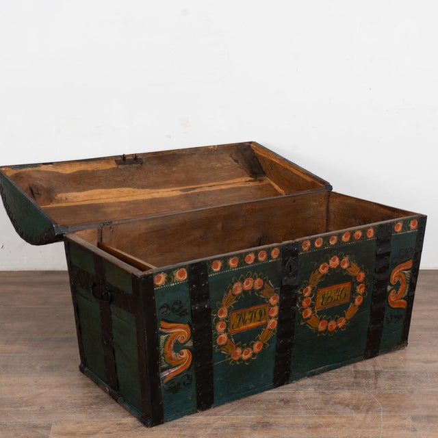 Original hand-painted teal blue oak dome top trunk from Sweden. Traditional hand-painted details include lovely floral...