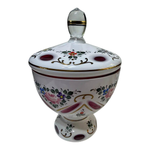 Vintage Bohemian Cased Cut to Clear Cranberry Milk an Glass Enamelled Bonbonniere Covered Candy Dish