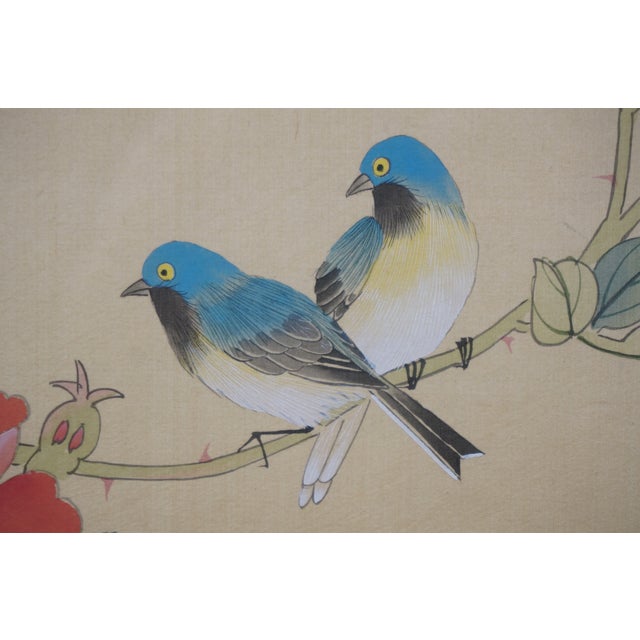 Mid 20th Century Mid Century Chinese Floral Love Birds Watercolor Painting on Silk 20" For Sale - Image 12 of 12
