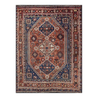 Antique Persian Shiraz Rug Tri-Medallion Geometrics in Rusty Orange and Blue** For Sale