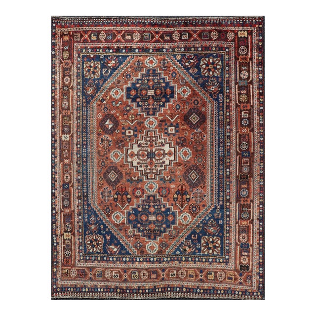 Antique Persian Shiraz Rug Tri-Medallion Geometrics in Rusty Orange and Blue** For Sale