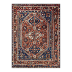 Antique Persian Shiraz Rug Tri-Medallion Geometrics in Rusty Orange and Blue**